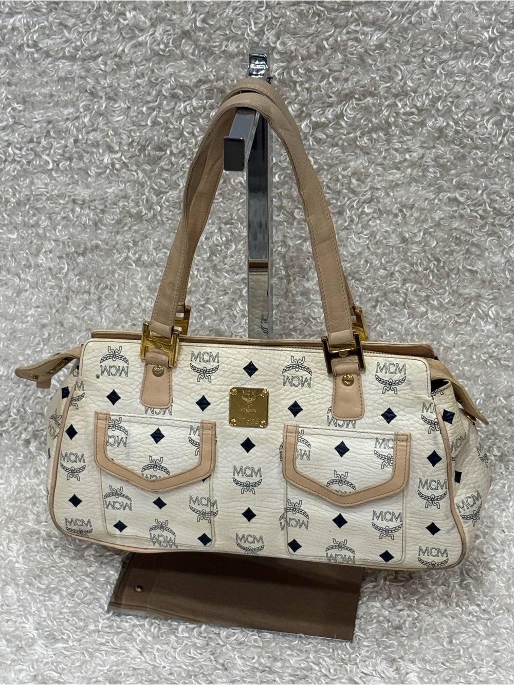 MCM Off White Monogram Boston Bag